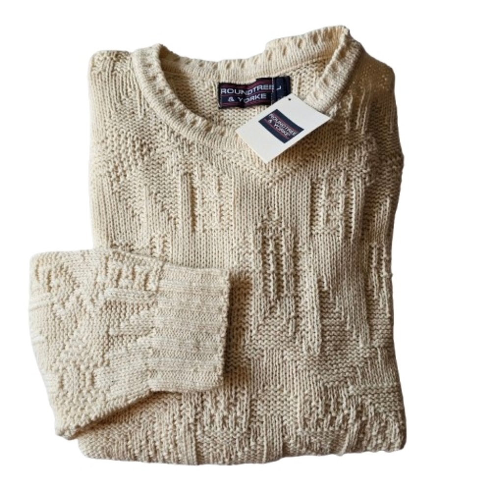 NWT Roundtree &Yorke Cream Textured 3D Knit Sweater L Cotton Crewneck Minimalist